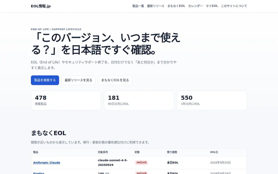 EOL情報.jpのトップページ。サポート期限を調べる操作と期限が近い製品の一覧