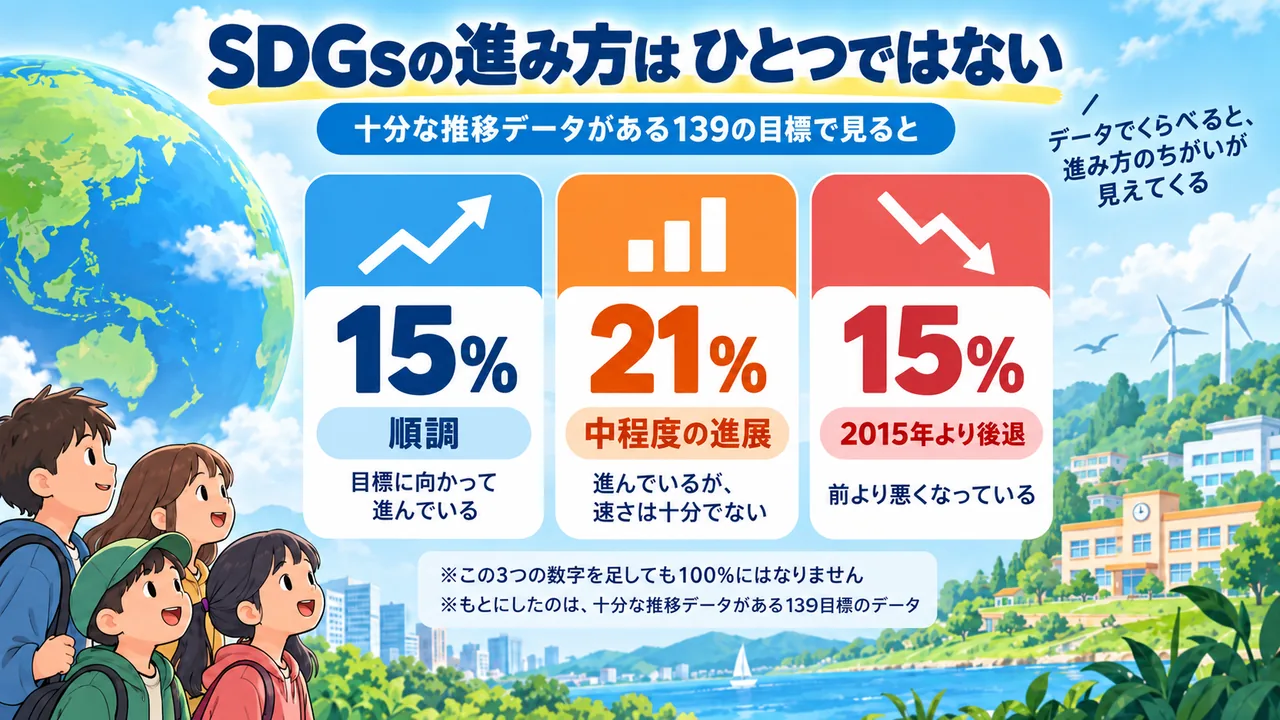 地球とSDGsの進み方を示す3枚のカード。15%が順調、21%が中程度の進展、15%が2015年より後退と表示されている。