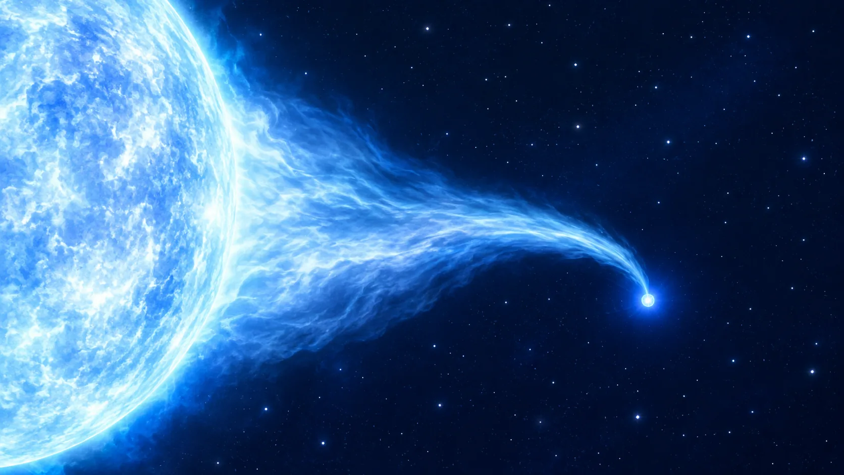 大きな青白い星から流れ出した高温のガスが、右側の小さな中性子星へ曲がって流れ込む様子を表した説明イラスト